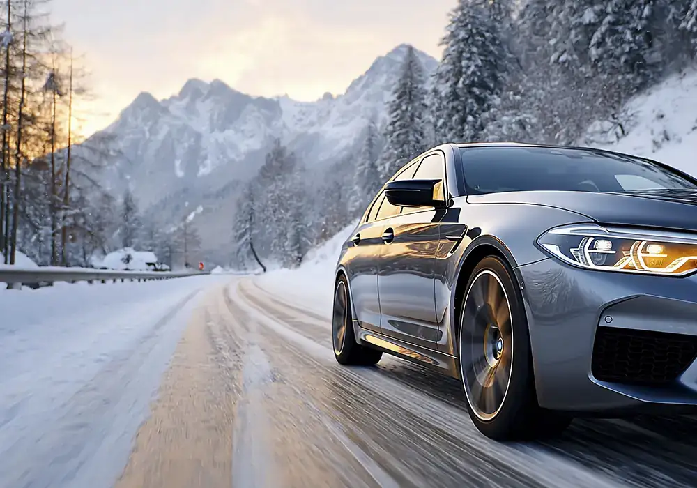 Véhicule VTC haut de gamme roulant sur route enneigée en montagne, symbole de réussite professionnelle