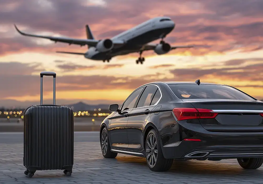 Service VTC premium avec transfert aéroport, berline de luxe et valise au coucher du soleil
